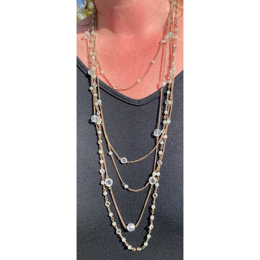Women's Gold Tone Beaded Light Green Clear Layered Necklace Jewelry 24 inch